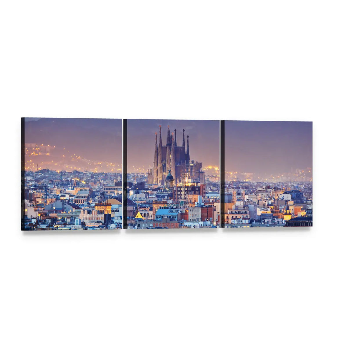 Sagrada Família at Dusk, Barcelona Panoramic Canvas Wall Art, 3 panel 3 Piece layout gallery wrapped canvas set, angled product view