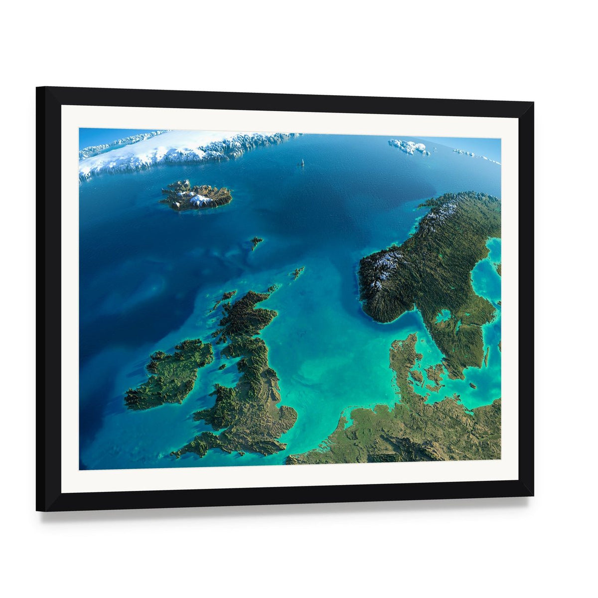 Satellite View of Denmark Canvas Wall Art, framed print with white mat and black frame, angled product view