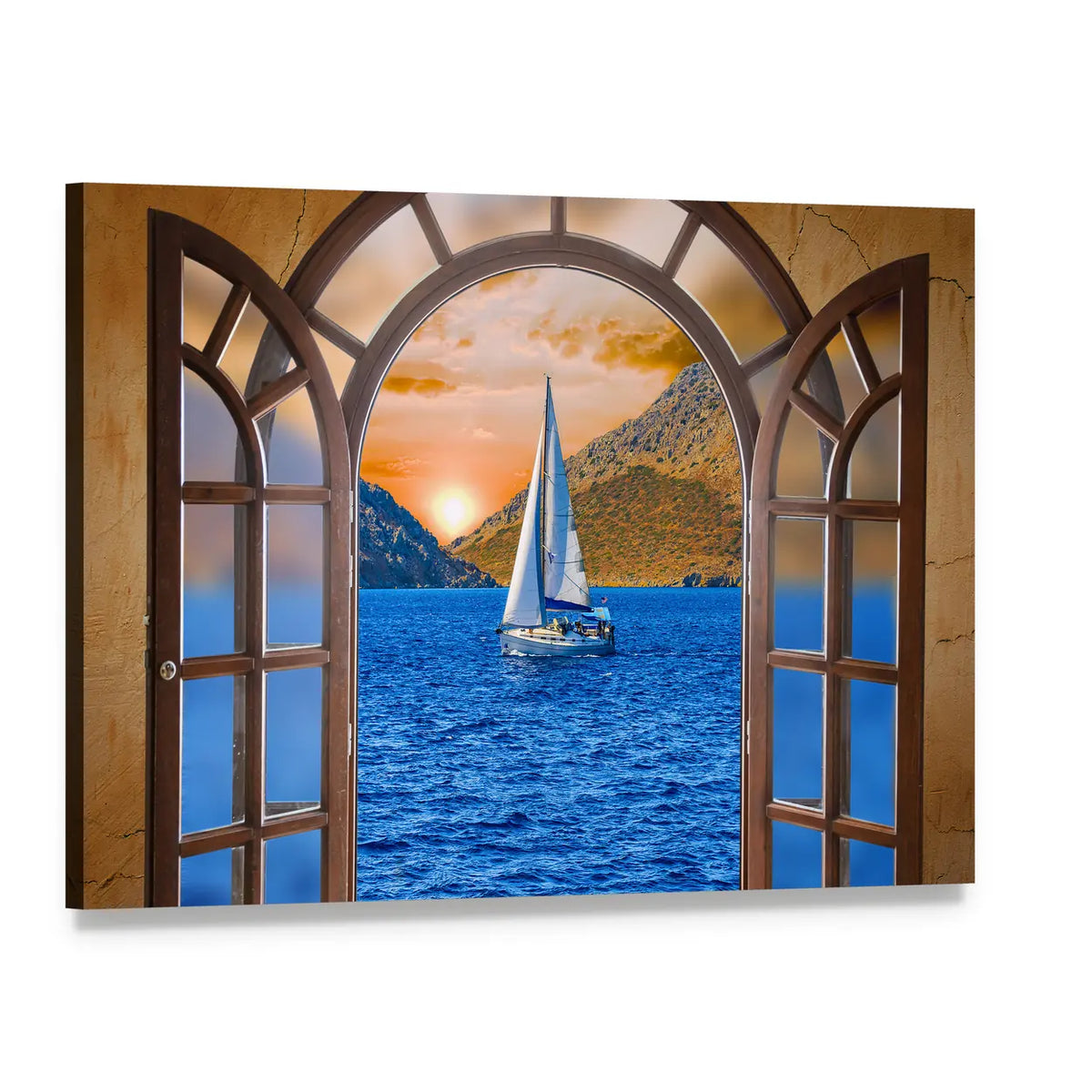 Sailboat Through Arched Window at Sunset Canvas Wall Art, single panel gallery wrapped canvas, angled product view