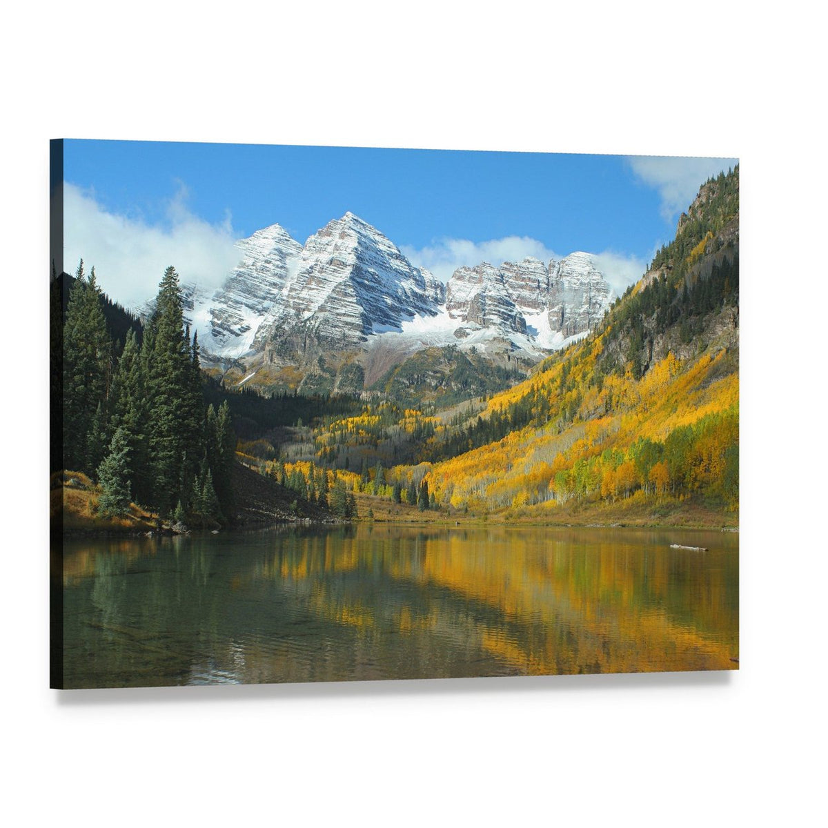 Maroon Lake in Autumn Canvas Wall Art, single panel gallery wrapped canvas, angled product view