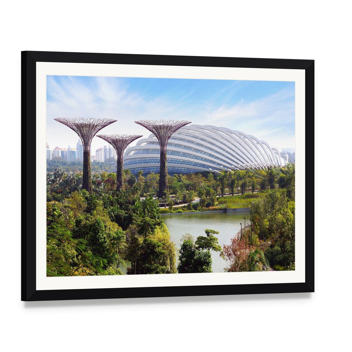 Supertree Grove at Gardens by the Bay Canvas Wall Art, framed print with white mat and black frame, angled product view