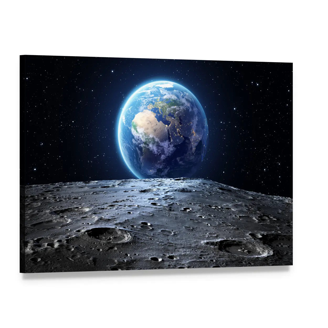 Earth from Moon Surface Canvas Wall Art, single panel gallery wrapped canvas, angled product view