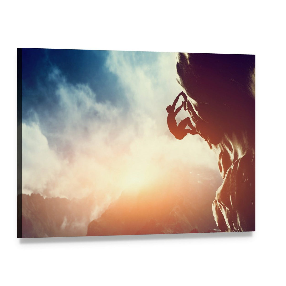 Climber Silhouette at Sunset Canvas Wall Art, single panel gallery wrapped canvas, angled product view