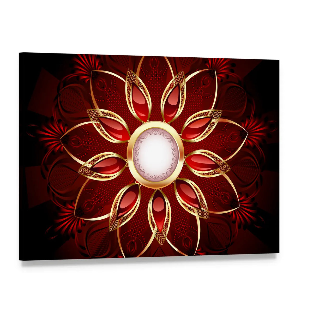 Modern Red and Gold Floral Mandala Canvas Wall Art, single panel gallery wrapped canvas, angled product view