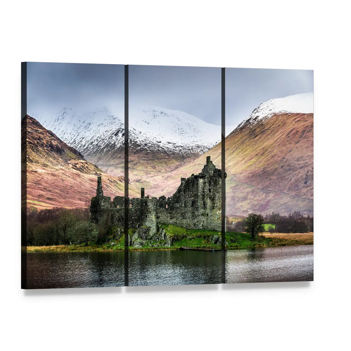 Kilchurn Castle in Winter Canvas Wall Art, 3 panel 3 Horizontal layout gallery wrapped canvas set, angled product view