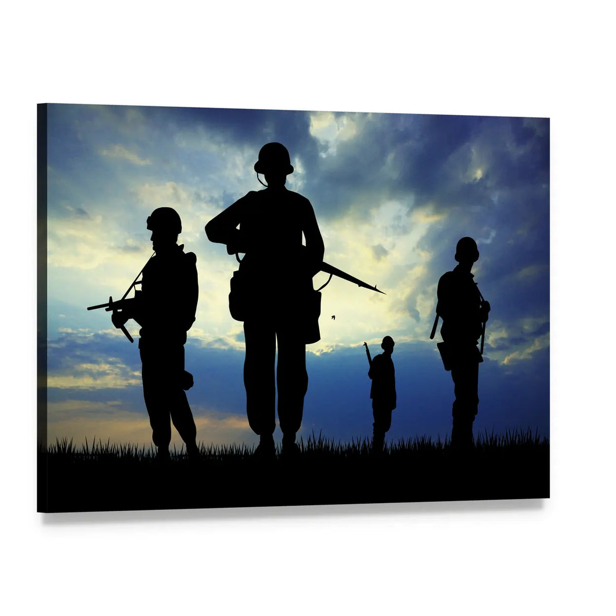 Soldier Silhouettes with Rifles Canvas Wall Art, single panel gallery wrapped canvas, angled product view