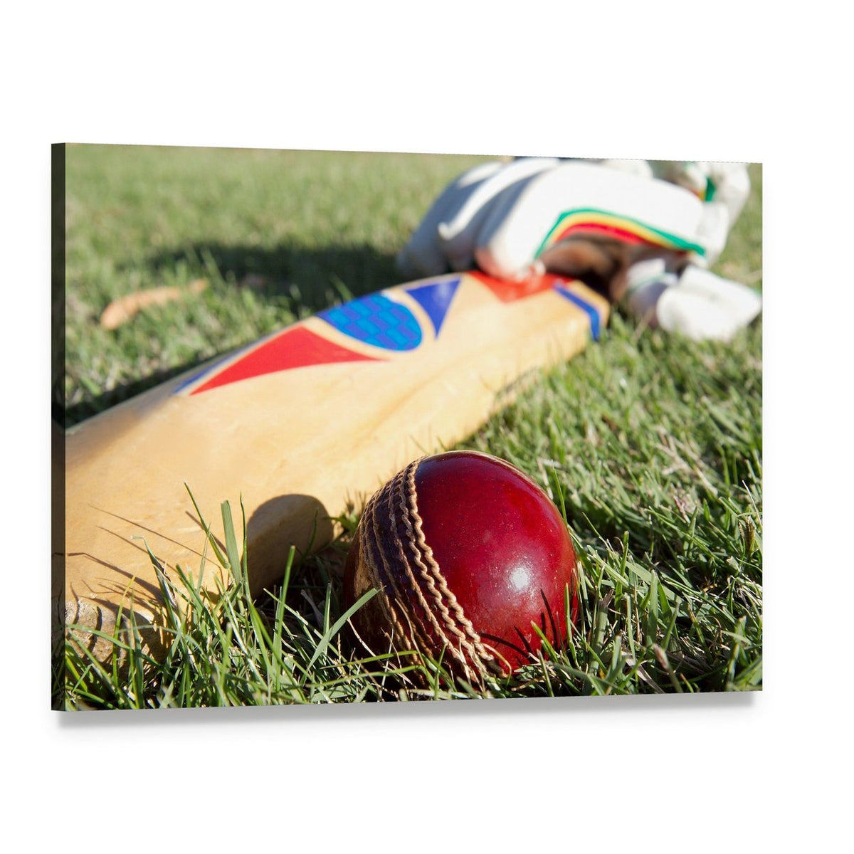 Cricket Ball Bat & Gloves Canvas Wall Art, single panel gallery wrapped canvas, angled product view