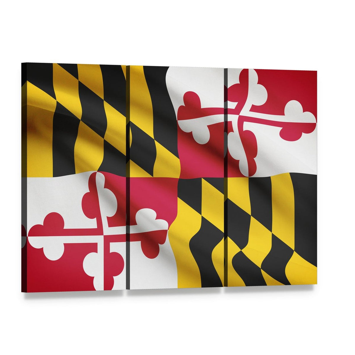 Waving Maryland State Flag Canvas Wall Art, 3 panel 3 Horizontal layout gallery wrapped canvas set, angled product view