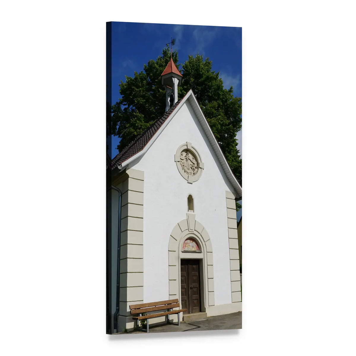 White Chapel with Red Bell Tower Vertical Canvas Wall Art, 1 panel 1 Vertical layout gallery wrapped canvas set, angled product view