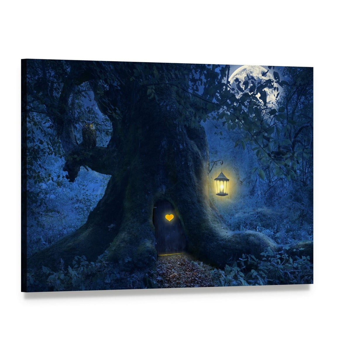 Enchanted Moonlit Tree with Lantern Canvas Wall Art, single panel gallery wrapped canvas, angled product view