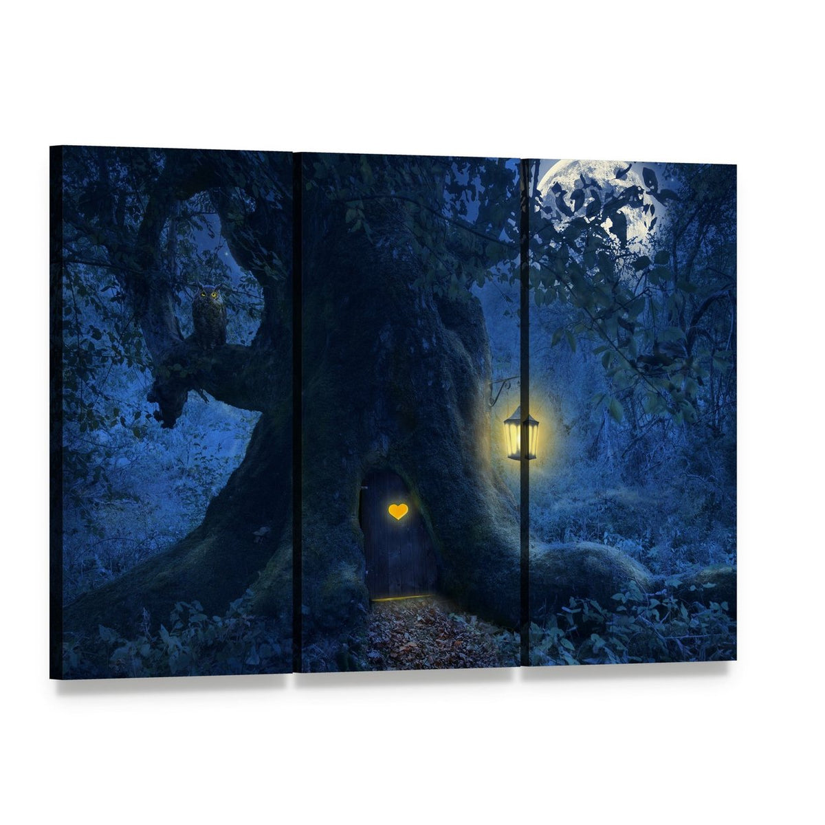Enchanted Moonlit Tree with Lantern Canvas Wall Art, 3 panel 3 Horizontal layout gallery wrapped canvas set, angled product view