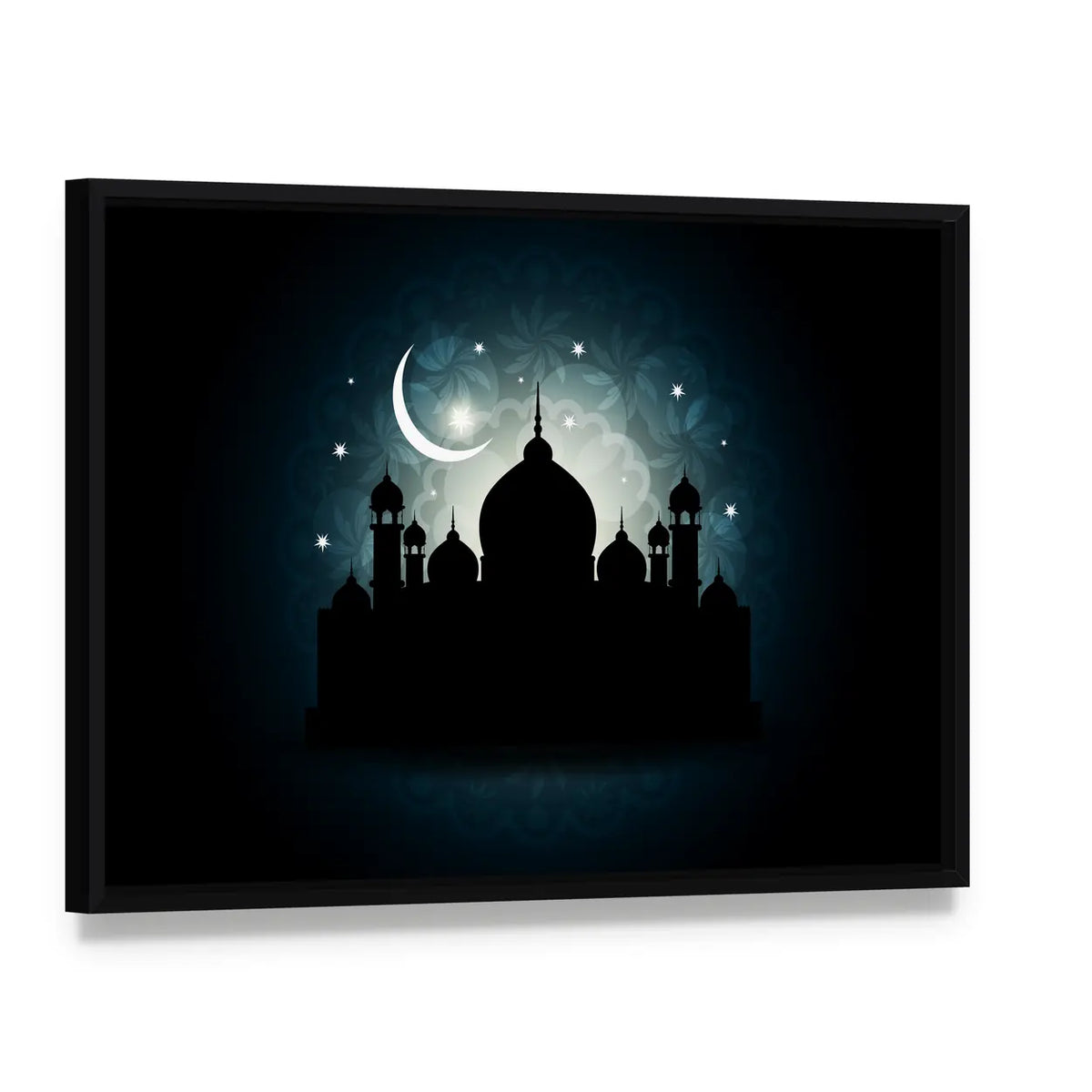 Mosque Silhouette with Crescent Moon and Mandala Canvas Wall Art, framed canvas in a black floater frame, angled product view