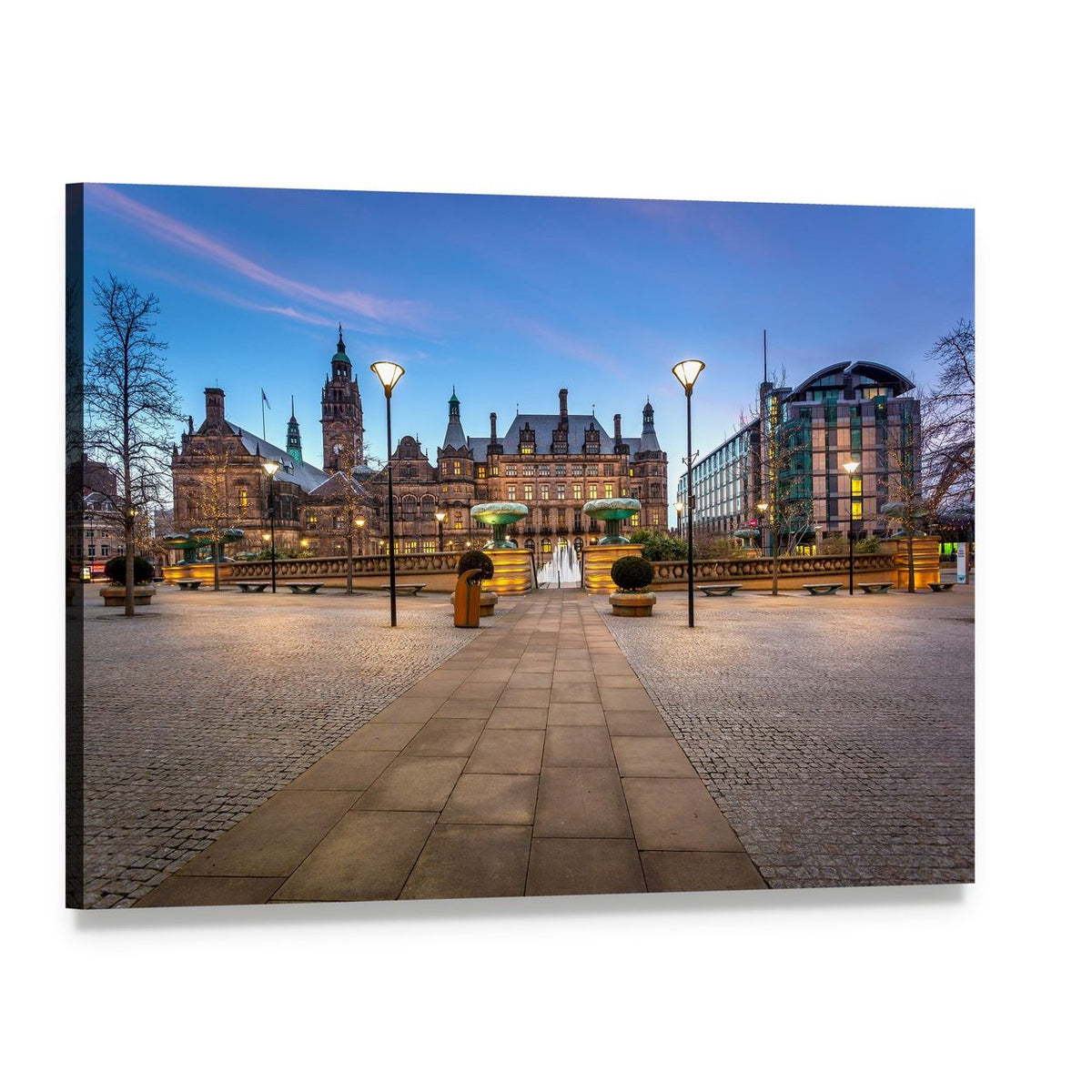 Sheffield Town Hall at Twilight Canvas Wall Art, single panel gallery wrapped canvas, angled product view