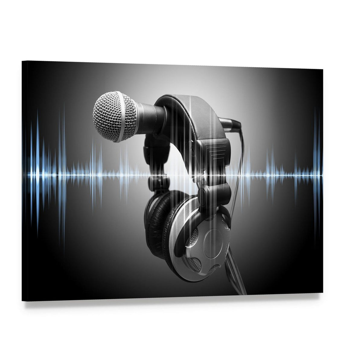 Microphone and Headphones with Blue Soundwave Canvas Wall Art, single panel gallery wrapped canvas, angled product view