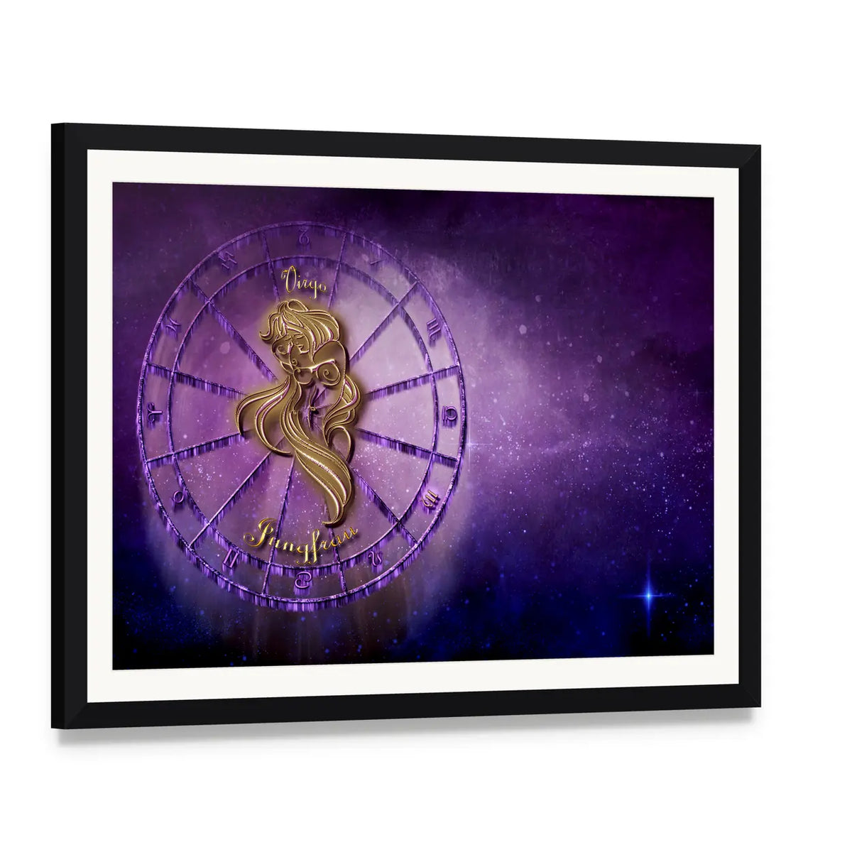 Virgo Zodiac Wheel with Golden Figure Canvas Wall Art, framed print with white mat and black frame, angled product view