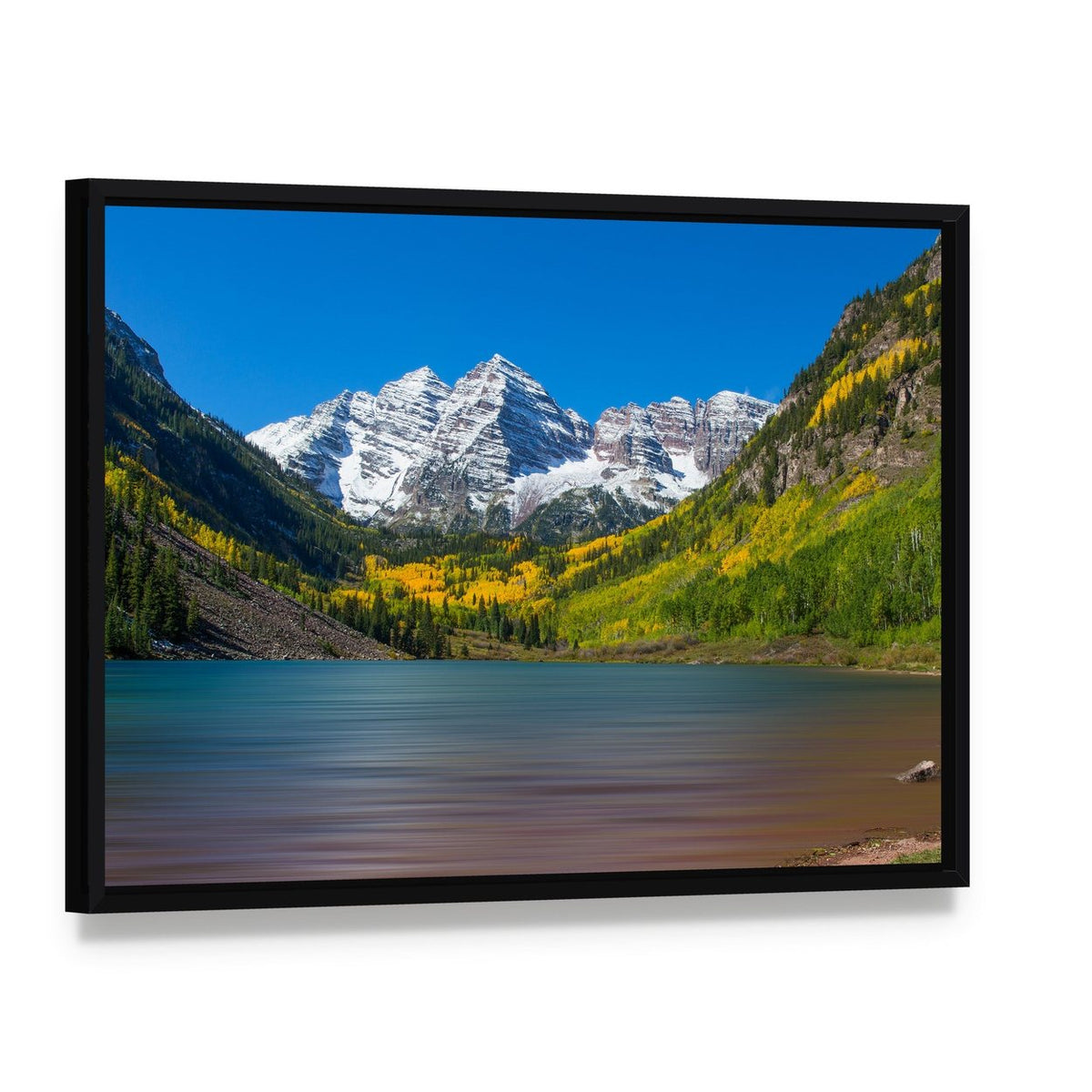 Maroon Bells in Autumn Canvas Wall Art, framed canvas in a black floater frame, angled product view