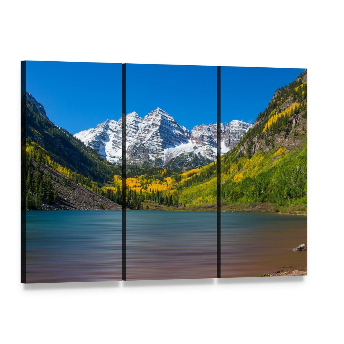 Maroon Bells in Autumn Canvas Wall Art, 3 panel 3 Horizontal layout gallery wrapped canvas set, angled product view