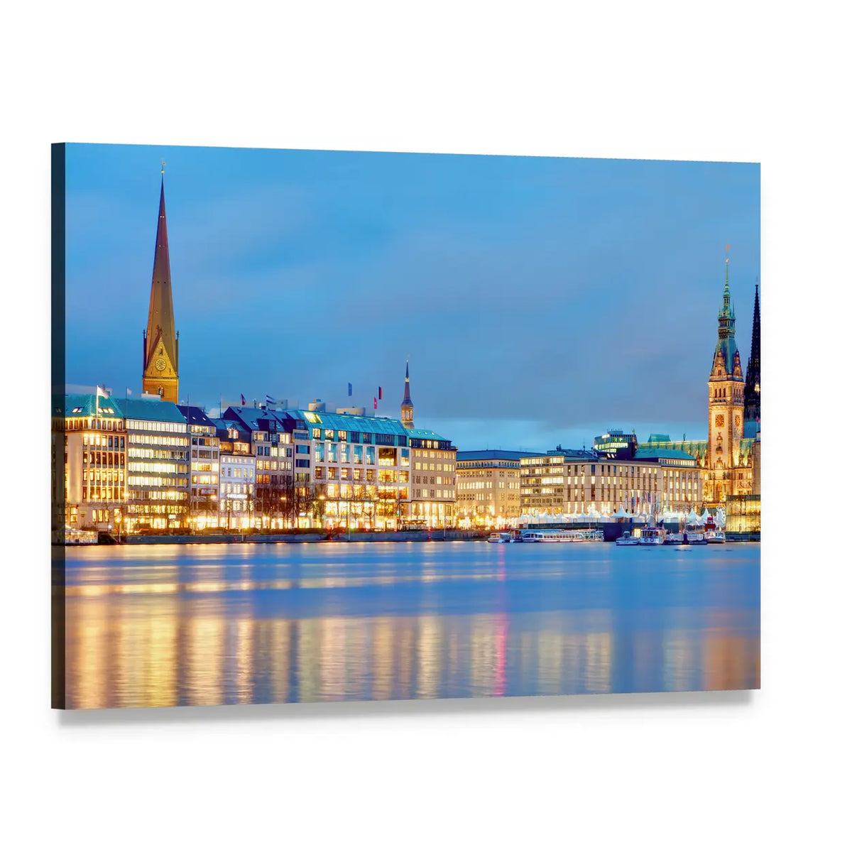 Town Hall and River Alster Canvas Wall Art, single panel gallery wrapped canvas, angled product view