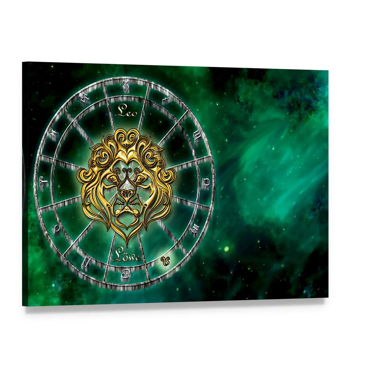 Golden Leo Zodiac Symbol Canvas Wall Art, single panel gallery wrapped canvas, angled product view
