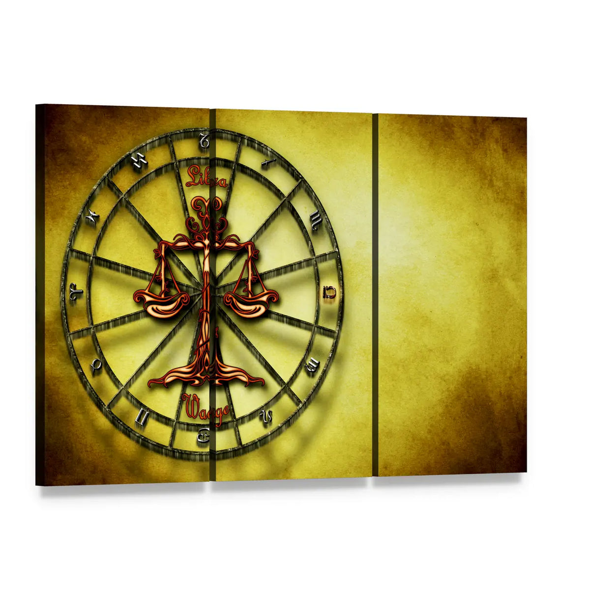 Vintage Gold Libra Symbol Canvas Wall Art, 3 panel 3 Horizontal layout gallery wrapped canvas set, angled product view