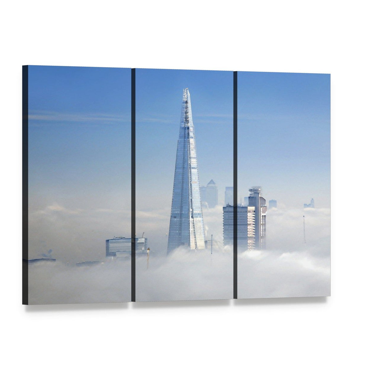 Misty London Eye View of Skyscrapers Canvas Wall Art, 3 panel 3 Horizontal layout gallery wrapped canvas set, angled product view