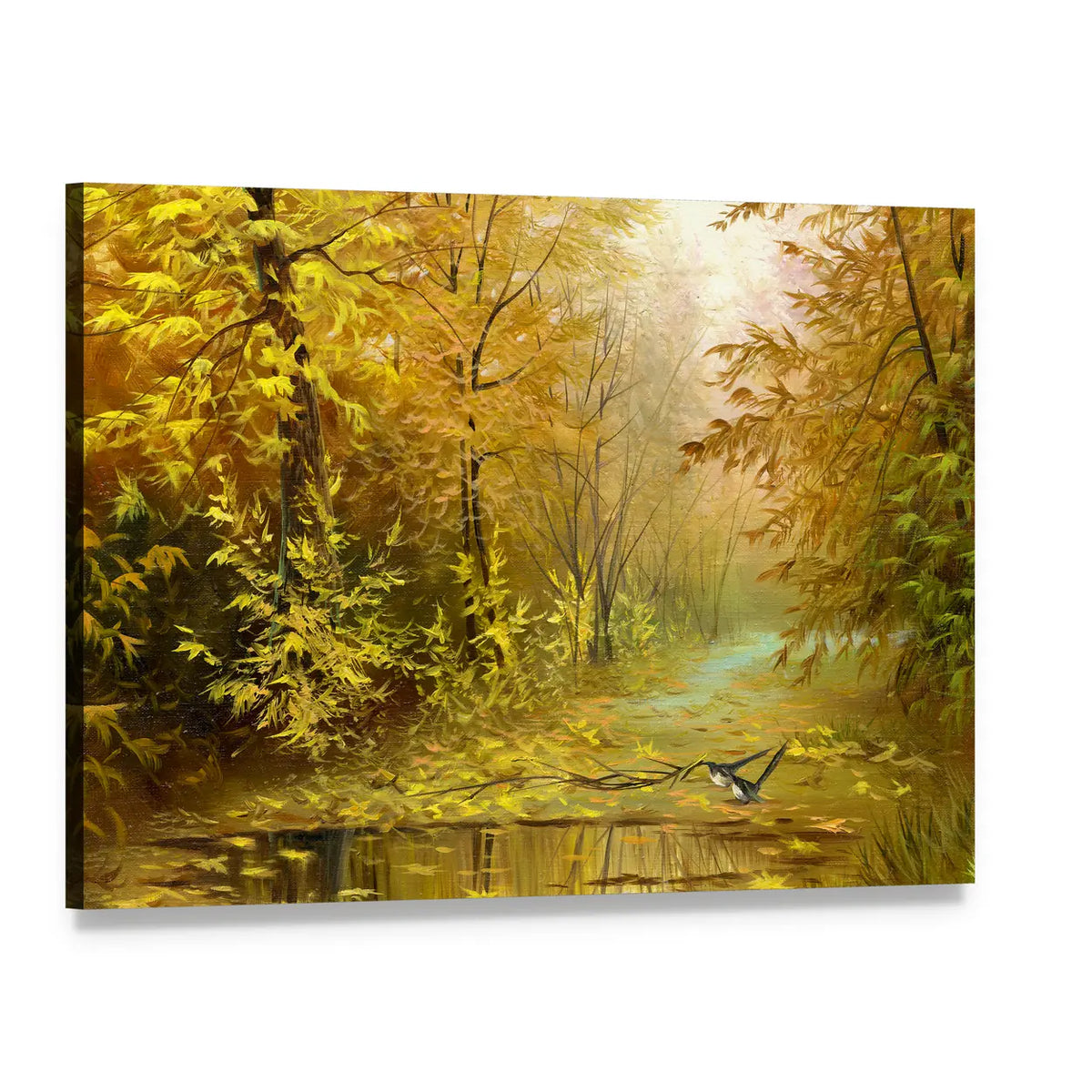 Golden Autumn Forest with Reflecting Puddle Canvas Wall Art, single panel gallery wrapped canvas, angled product view