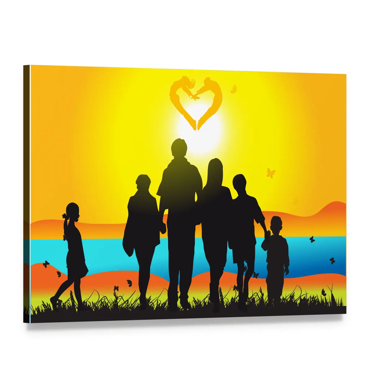 Family Silhouette at Sunset with Heart Sun Canvas Wall Art, single panel gallery wrapped canvas, angled product view