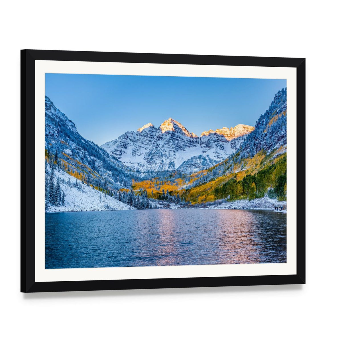Maroon Bells at Serene Sunrise Canvas Wall Art, framed print with white mat and black frame, angled product view