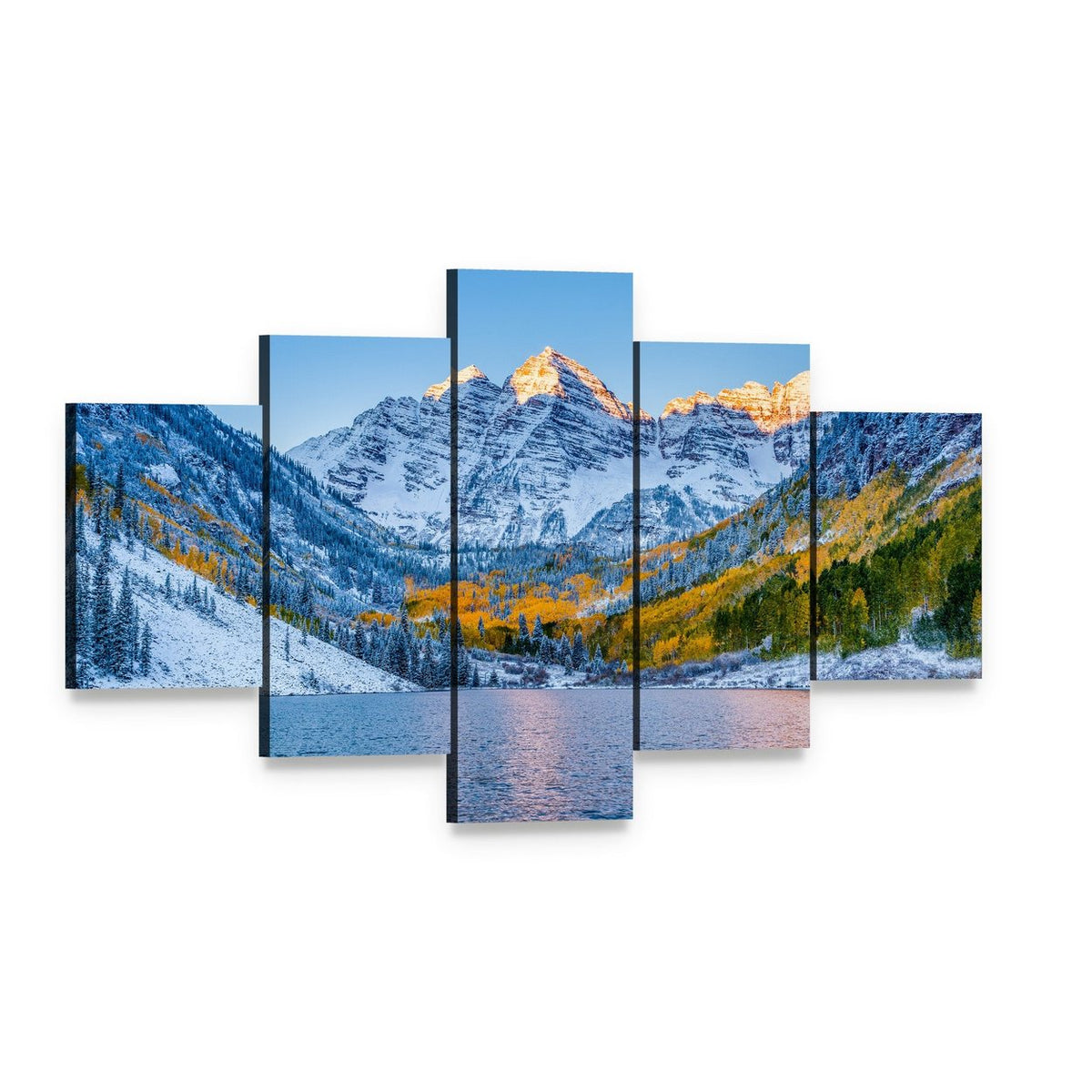Maroon Bells at Serene Sunrise Canvas Wall Art, 5 panel 5 Star layout gallery wrapped canvas set, angled product view