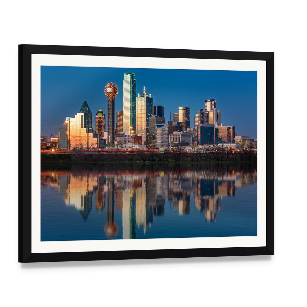 Dallas Skyline at Sunset Canvas Wall Art, framed print with white mat and black frame, angled product view