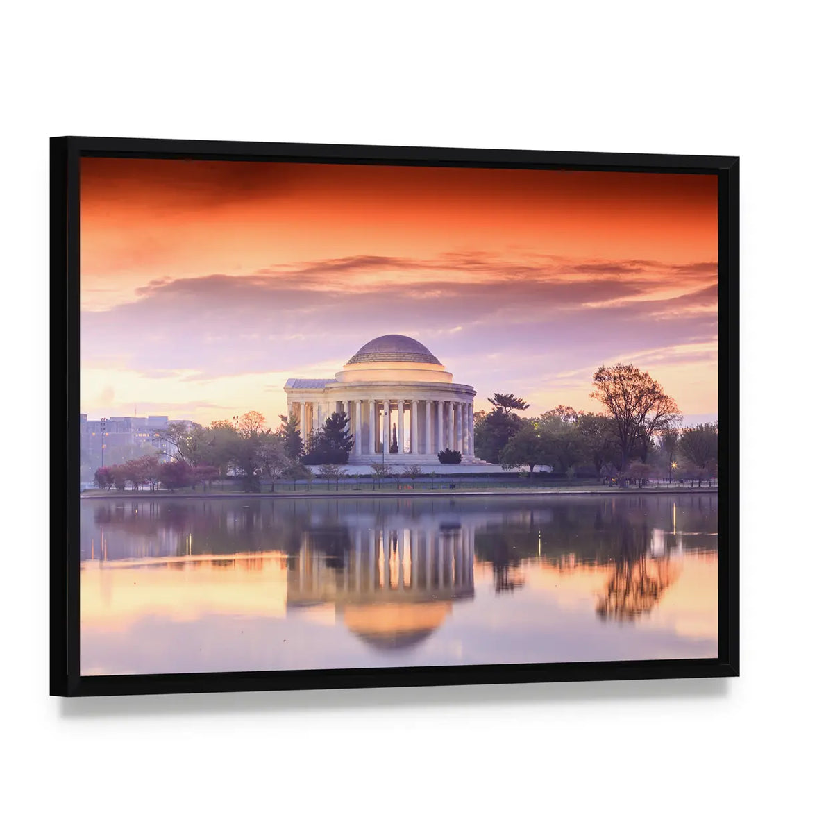 Jefferson Memorial Sunset Reflection Canvas Wall Art, framed canvas in a black floater frame, angled product view