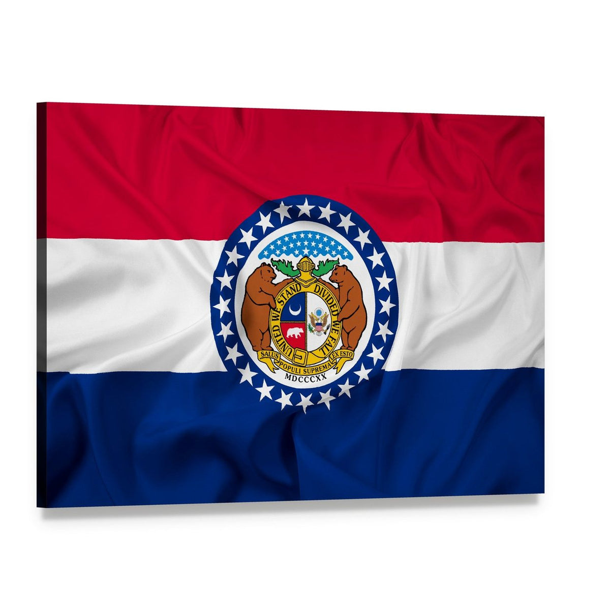Waving Missouri State Flag Canvas Wall Art, single panel gallery wrapped canvas, angled product view