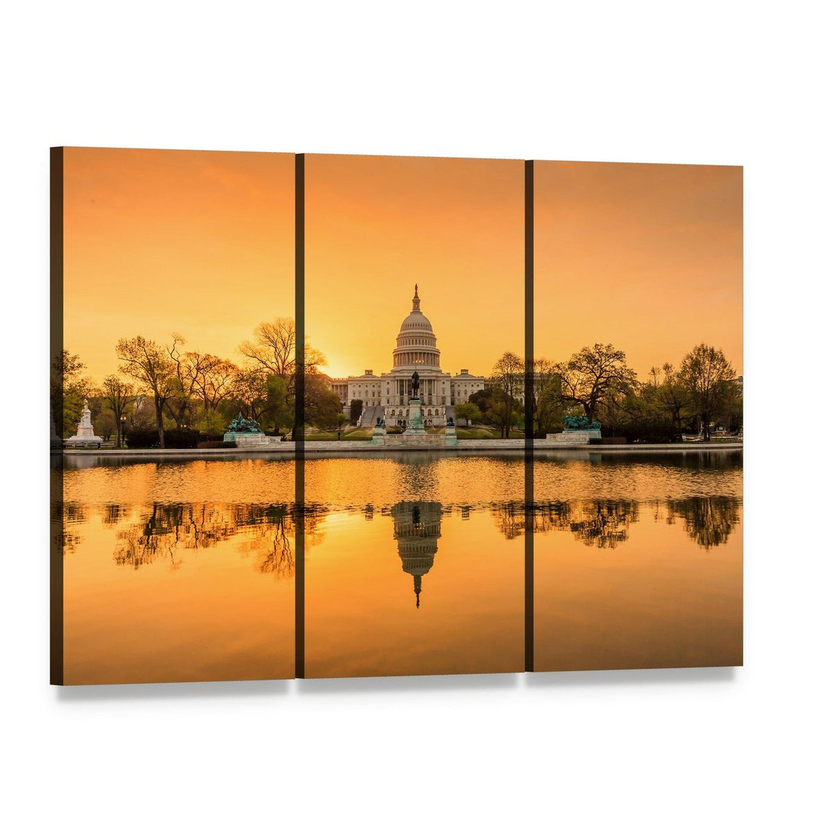 Capitol Building Dome at Sunset Canvas Wall Art, 3 panel 3 Horizontal layout gallery wrapped canvas set, angled product view