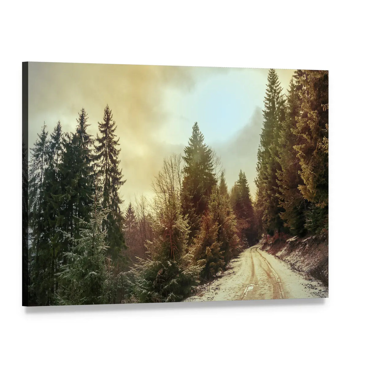 Snowy Forest Road in Winter Canvas Wall Art, single panel gallery wrapped canvas, angled product view