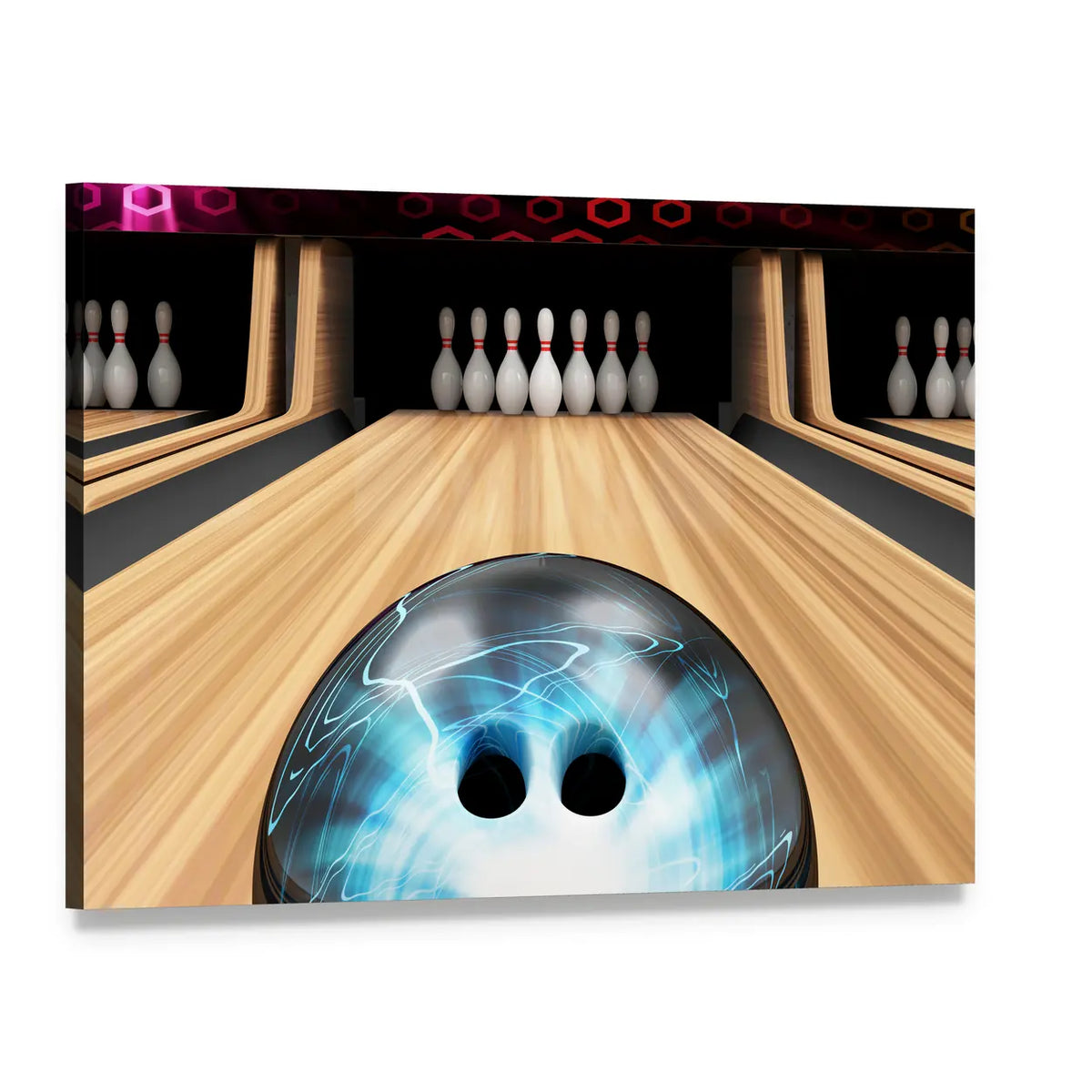 Bowling Ball Aiming at Pins Canvas Wall Art, single panel gallery wrapped canvas, angled product view