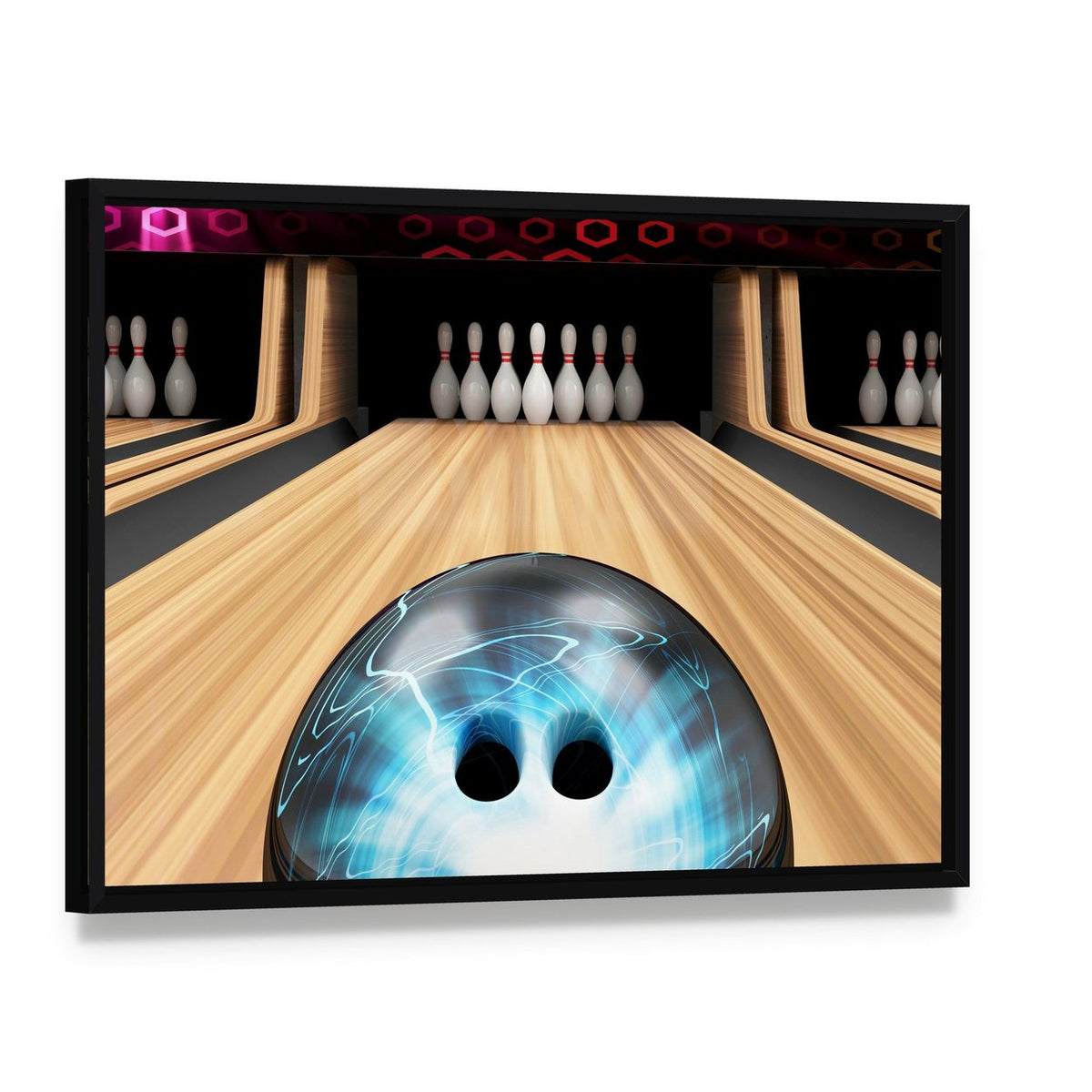 Bowling Ball Ready to Hit Canvas Wall Art, framed canvas in a black floater frame, angled product view