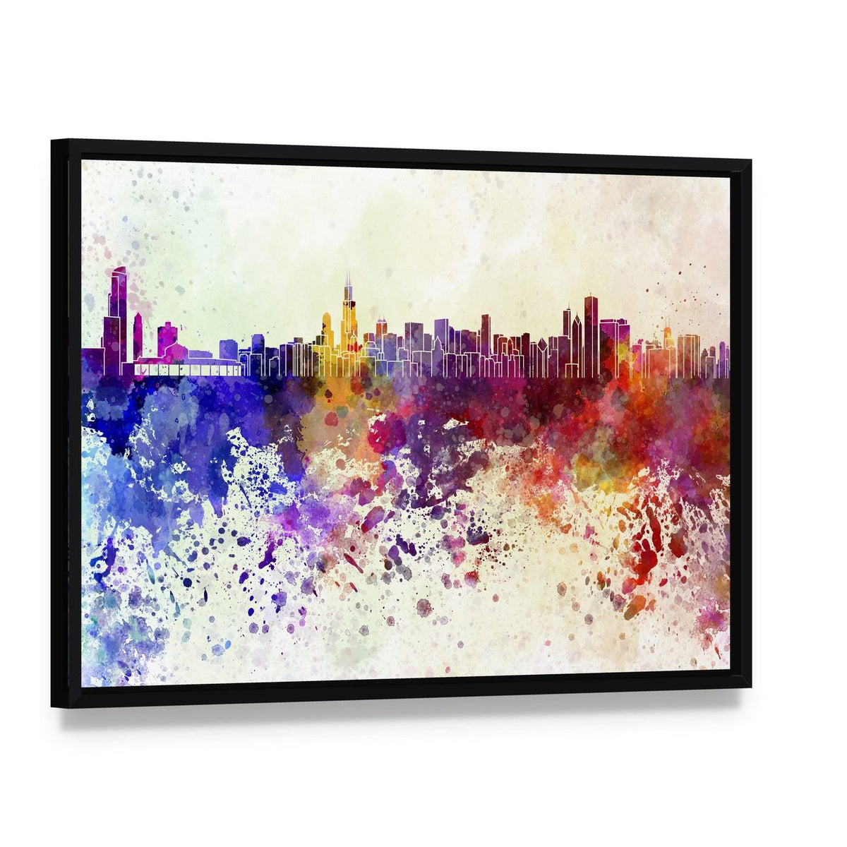 Watercolor Chicago Skyline Canvas Wall Art, framed canvas in a black floater frame, angled product view
