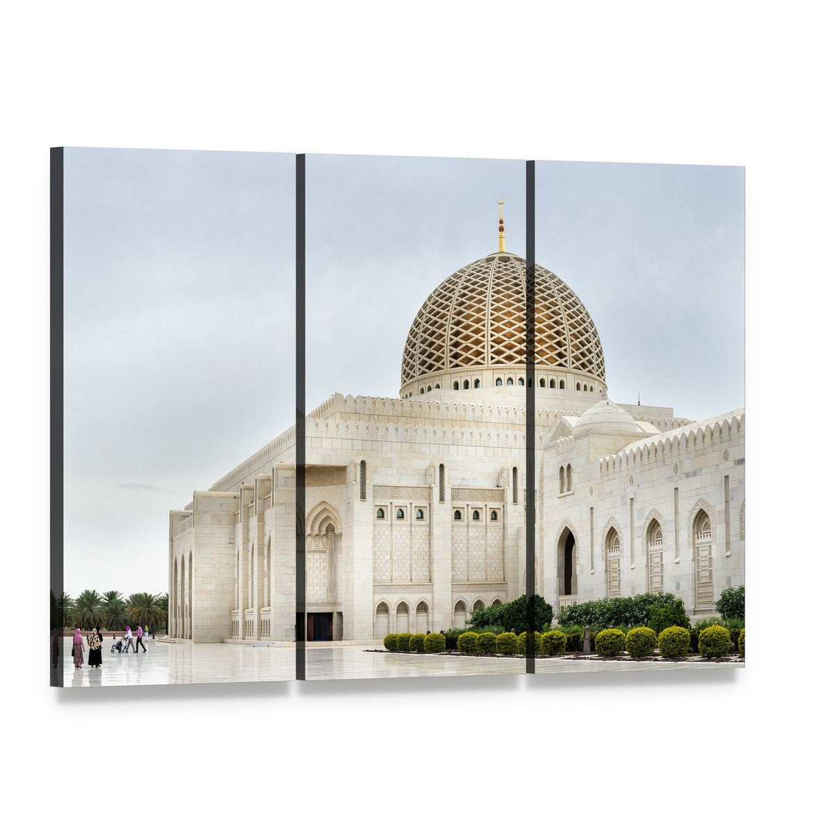 Sultan Qaboos Mosque Symmetrical Dome and Minarets Canvas Wall Art, 3 panel 3 Horizontal layout gallery wrapped canvas set, angled product view