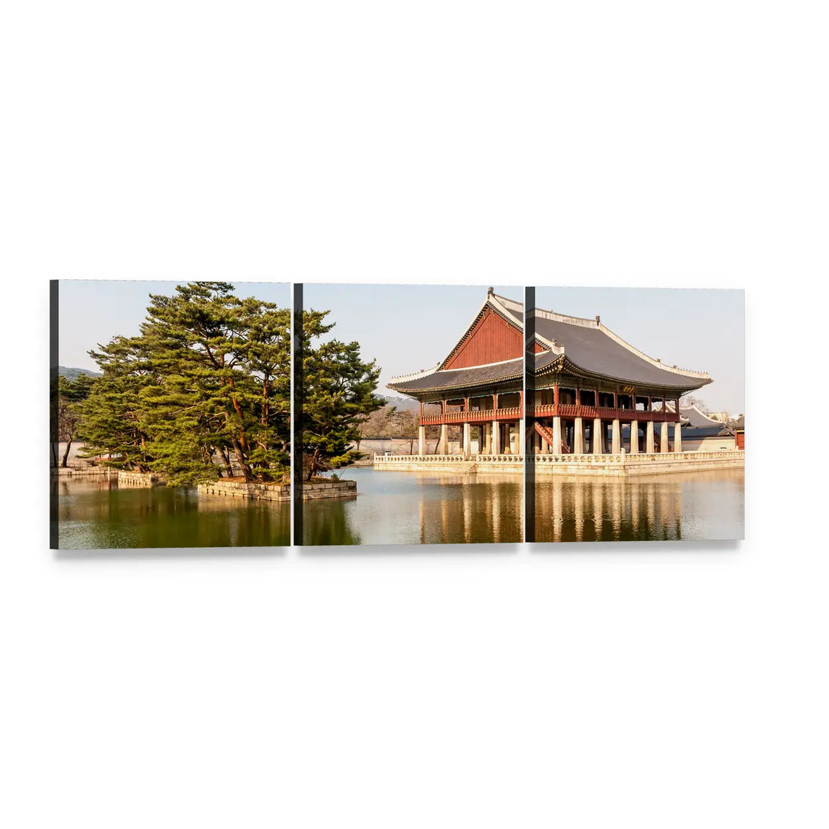 Gyeongbokgung Lakeside Pavilion Panoramic Canvas Wall Art, 3 panel 3 Piece layout gallery wrapped canvas set, angled product view