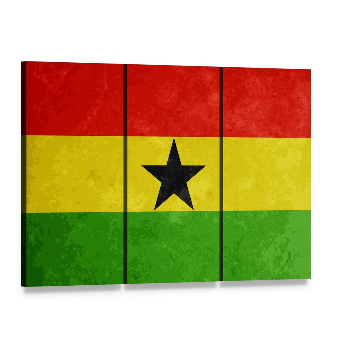 Grunge Textured Ghana Flag Canvas Wall Art, 3 panel 3 Horizontal layout gallery wrapped canvas set, angled product view