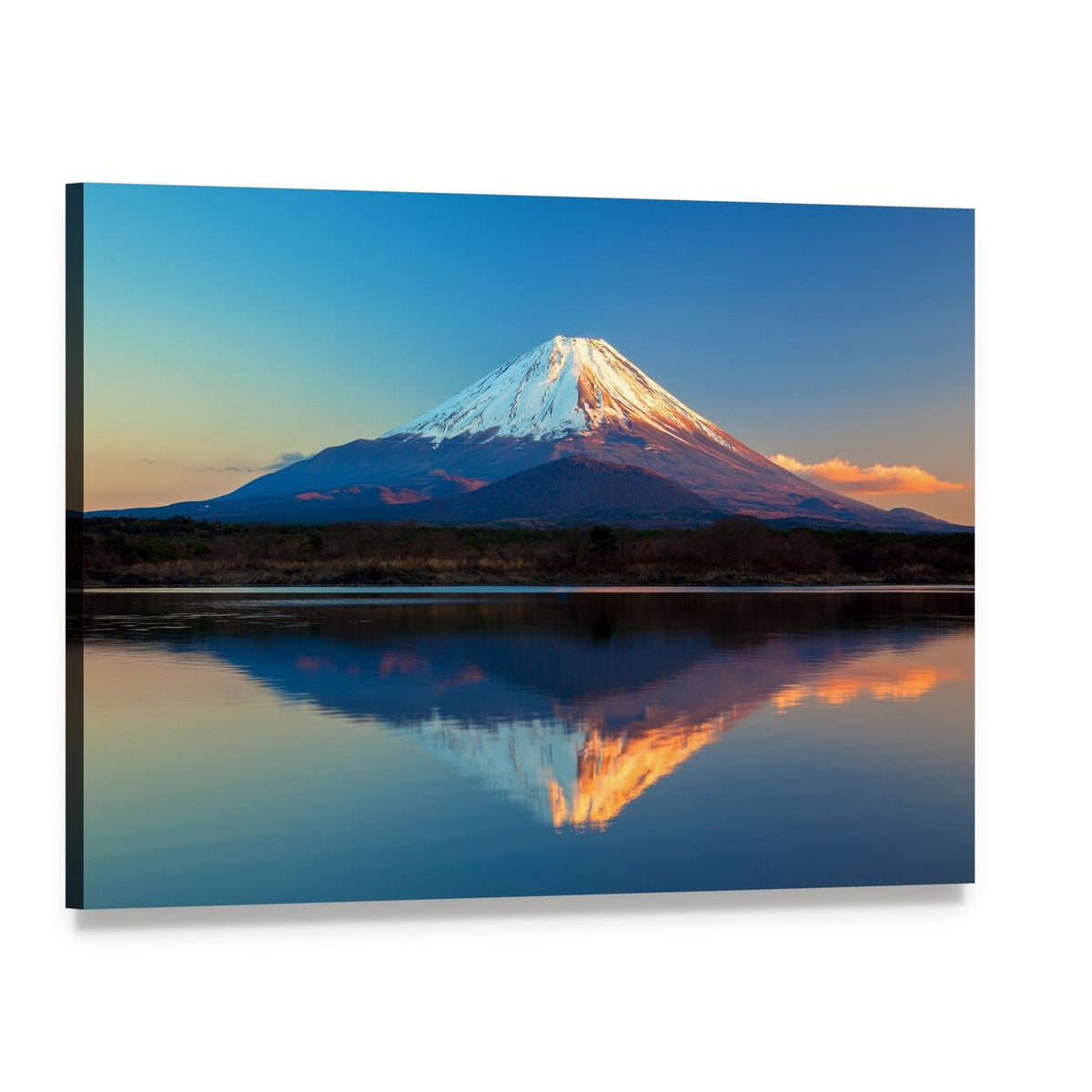 Snow-capped Mount Fuji Reflection in Lake Shoji Canvas Wall Art, single panel gallery wrapped canvas, angled product view