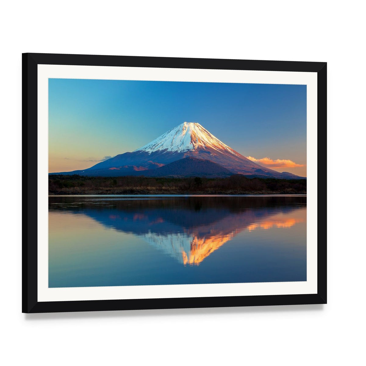 Snow-capped Mount Fuji Reflection in Lake Shoji Canvas Wall Art, framed print with white mat and black frame, angled product view