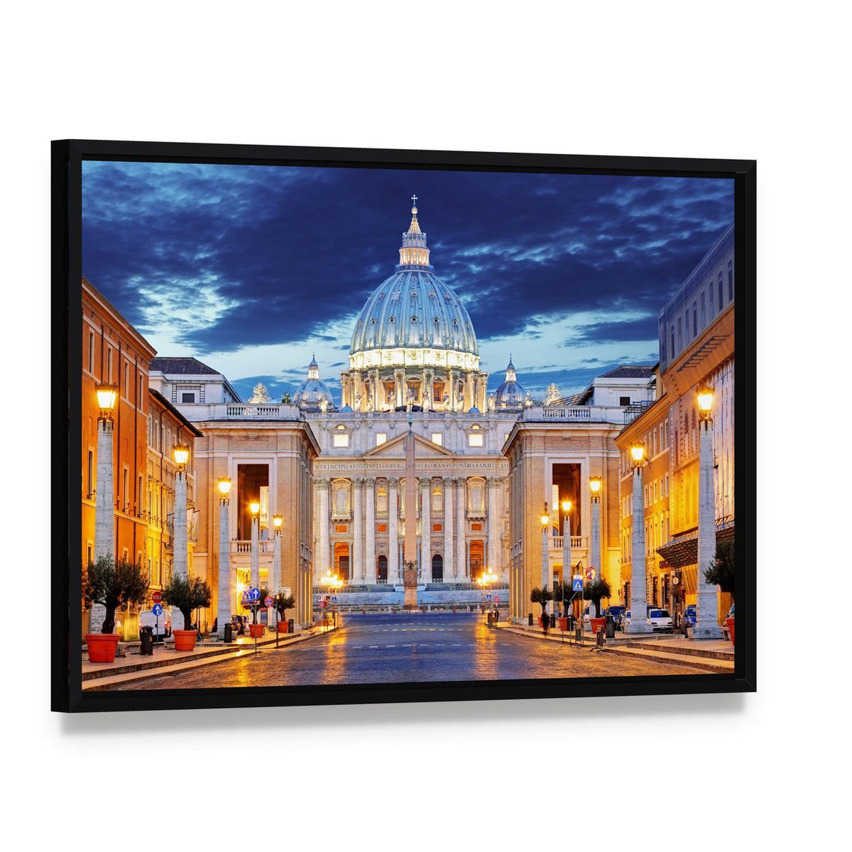 St. Peter's Basilica Night Scene Canvas Wall Art, framed canvas in a black floater frame, angled product view