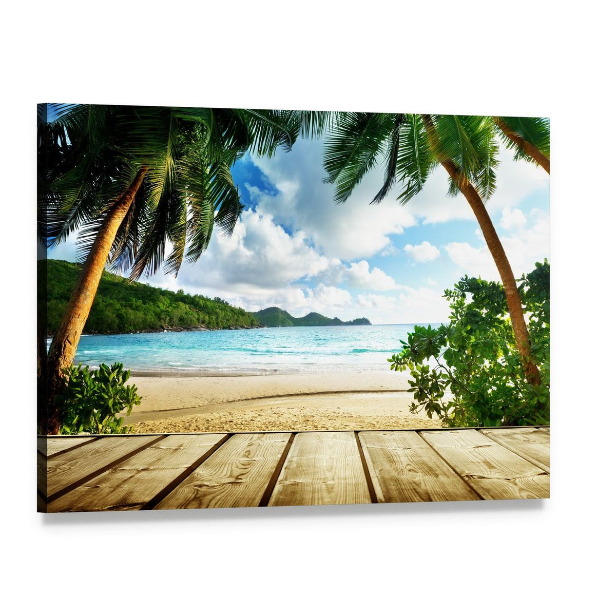 Seychelles Beach & Wooden Pier Canvas Wall Art, single panel gallery wrapped canvas, angled product view