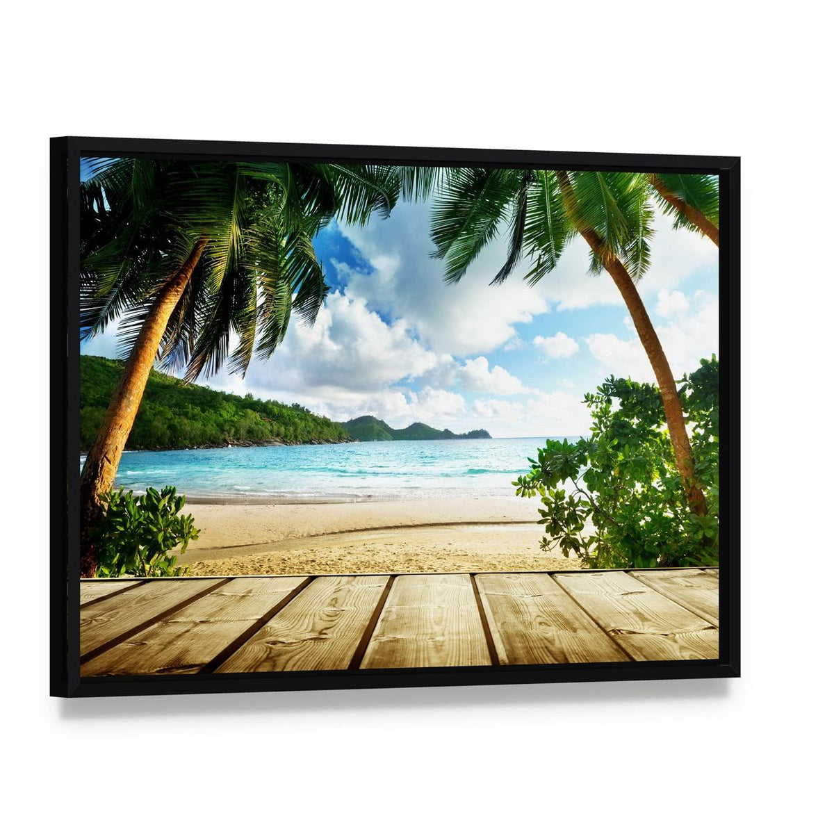 Seychelles Beach & Wooden Pier Canvas Wall Art, framed canvas in a black floater frame, angled product view
