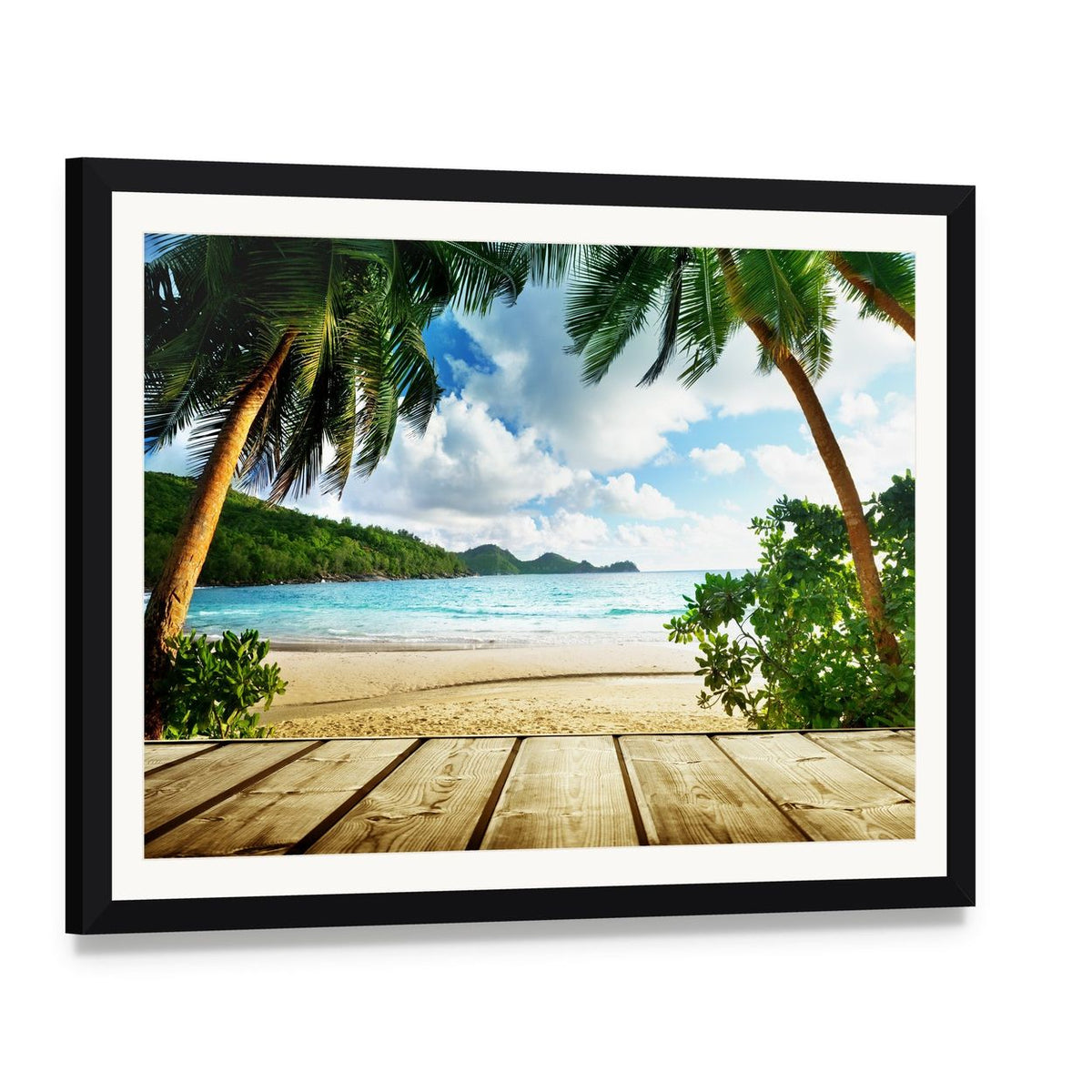 Seychelles Beach & Wooden Pier Canvas Wall Art, framed print with white mat and black frame, angled product view