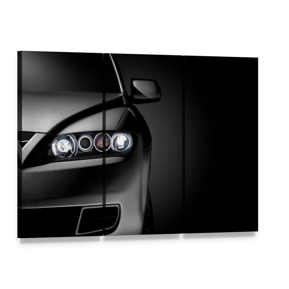 Gray Modern Car Closeup Canvas Wall Art, 3 panel 3 Horizontal layout gallery wrapped canvas set, angled product view