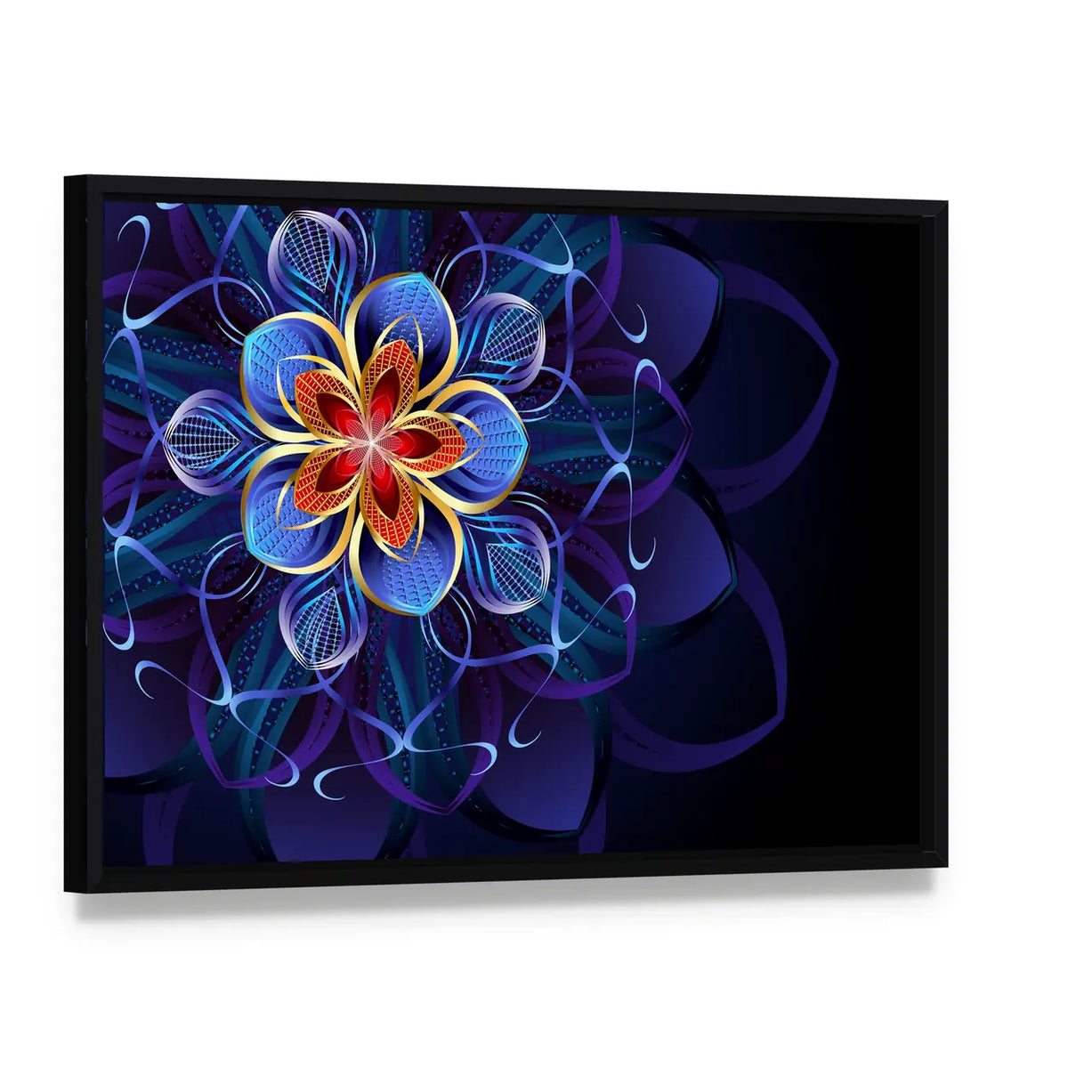 Navy Blue Geometric Flower Mandala Canvas Wall Art, framed canvas in a black floater frame, angled product view