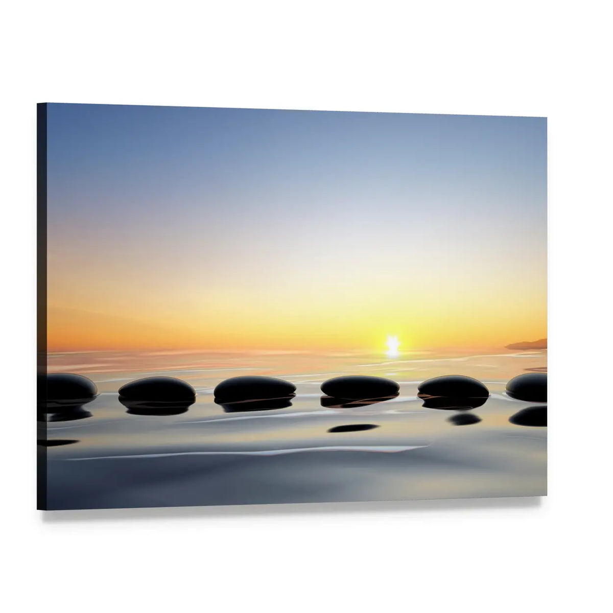 Zen Stones on Calm Lake Canvas Wall Art, single panel gallery wrapped canvas, angled product view