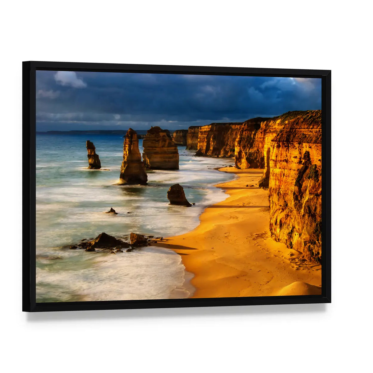 Twelve Apostles at Sunset Canvas Wall Art, framed canvas in a black floater frame, angled product view